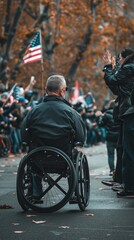 Powerful image of a wheelchair-bound veteran watching a Veterans Day parade, his face reflecting pride and nostalgia, set against a background of spectators clapping and waving flags.