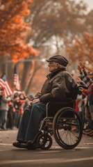 Powerful image of a wheelchair-bound veteran watching a Veterans Day parade, his face reflecting pride and nostalgia, set against a background of spectators clapping and waving flags.