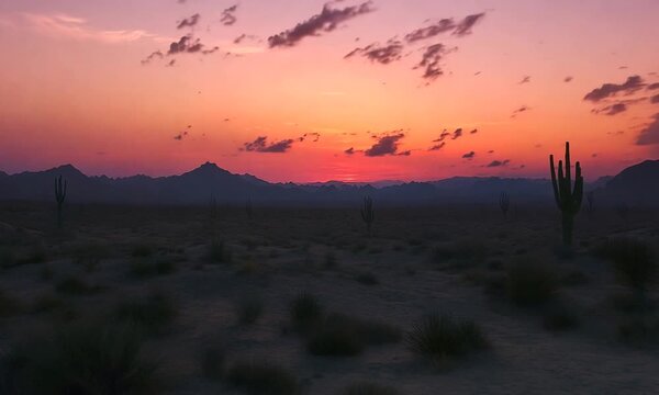 Desert sunset with warm reds and pinks against the sky 