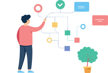 A person engages with a flowchart, tracing connections.