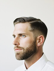 Obraz premium Closeup portrait of a Caucasian man with a classic comb-over hairstyle and a meticulously trimmed beard, white background, barbershop styler