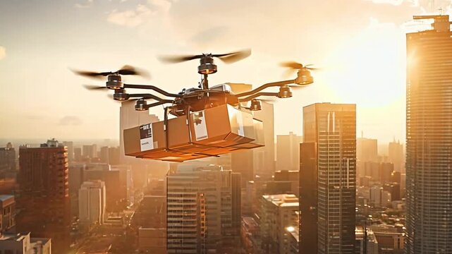 A drone delivers a package in the city against the backdrop of a sunset skyscraper, demonstrating the latest trends in urban logistics.