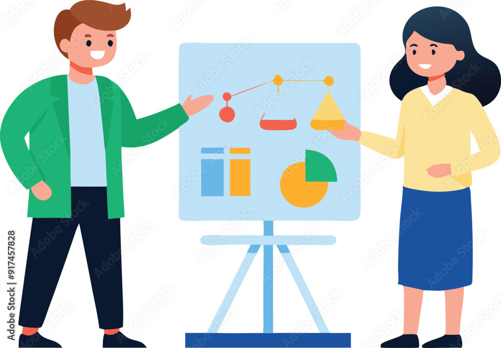 Poster two individuals discuss a business strategy using charts and graphs.