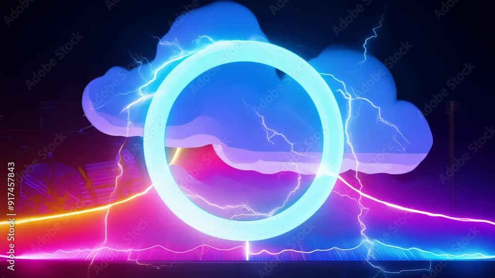 Poster a constantly rotating 3d animation of a neon ring and an electrifying thunder cloud surrounded by co