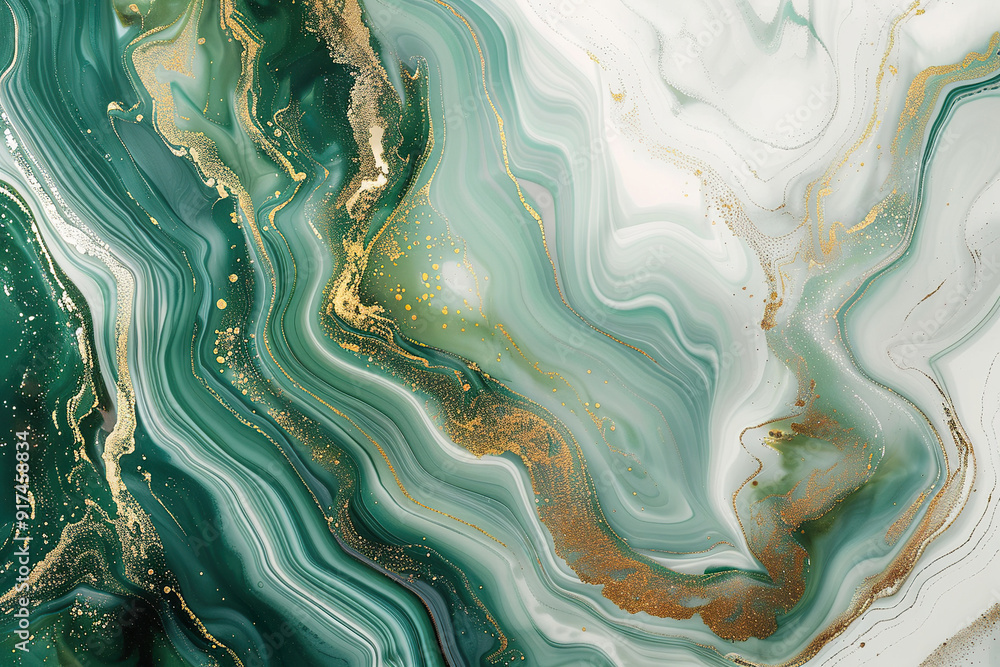 Poster a green and gold marble wall with a gold and green swirl pattern, generative ai.