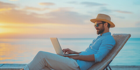 A man reclining in a lounge chair on a tropical beach, working on his laptop at sunset, symbolizing remote work and relaxation with a carefree attitude.