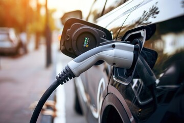 Electric vehicle charging at a station, close-up of the plug and socket with focus on sustainable transportation.