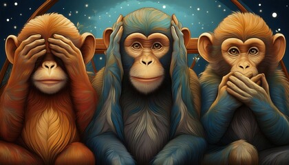Illustration of the three monkeys, also known as the "Three Wise Monkeys" or "Three Mystic Monkeys",  Japanese pictorial maxim th.at represent the proverb "see no evil, hear no evil, speak no evil". 