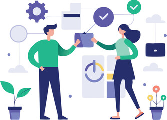 A man and woman are collaboratively reviewing project updates.