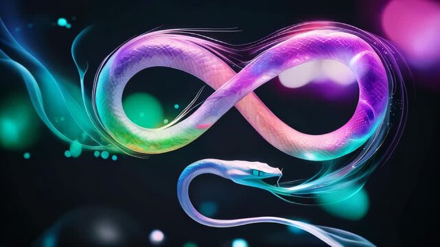 digital illustration of a serpentine dragon in motion with swirling hues of purple, blue, and green neon colors. Intro, Chinese calendar. Snake and dragon, symbol of year