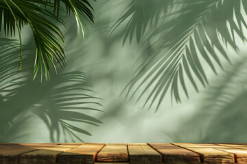 green background with tropical leaves and their shadow on the walls. empty studio for presentation. product demonstration