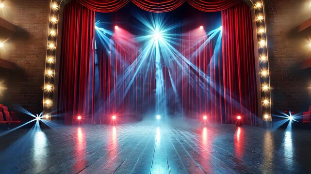 Empty Stage with Red Curtains and Spotlight