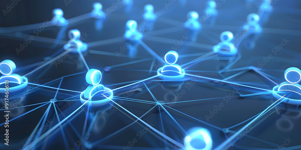 Poster abstract geometric background with many people icons. blue background visualizing social networks or