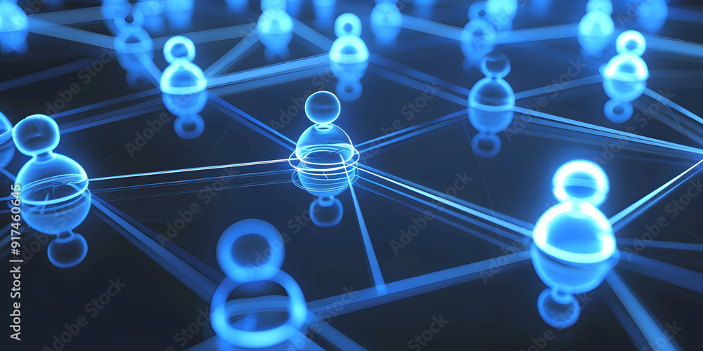 Poster abstract geometric background with many people icons. blue background visualizing social networks or