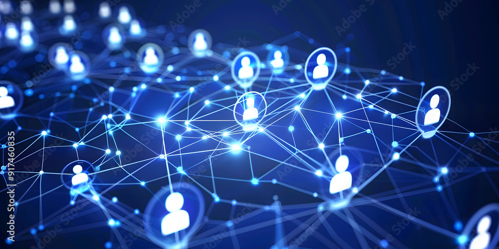 Poster abstract geometric background with many people icons. blue background visualizing social networks or