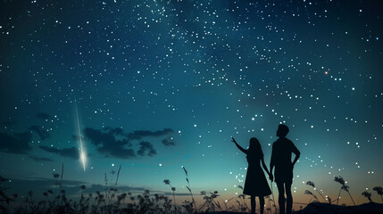 Obraz premium Woman and man watching the stars. Couple in love watching a falling star. Silhouettes of a boy and a girl against the starry night sky, romantic illustration.