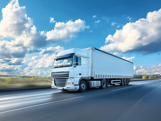 A white semi-truck driving on a highway under a blue sky with fluffy clouds during the day
