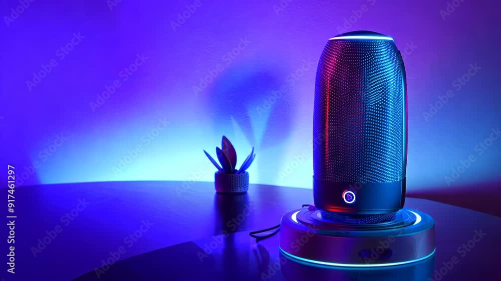 Poster a cutting-edge, multi-colored smart speaker that integrates with alexa to provide voice control for 