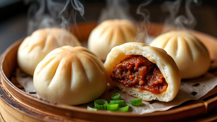 Close-up of baked barbecue pork buns, partially open, revealing savory filling, Chinese dim sum, traditional snack