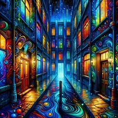 Fototapeta premium A vibrant, colorful alleyway is illuminated by windows emitting radiant hues, creating a dreamlike atmosphere. Swirling patterns adorn the street and buildings in, Leeds, UK, (Gen, A.I.)