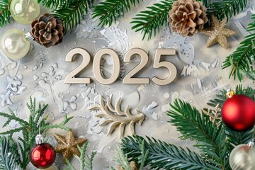 Festive New Year 2025 decorations with golden numbers and Christmas ornaments, including pine cones and baubles, celebrating the holiday season.
