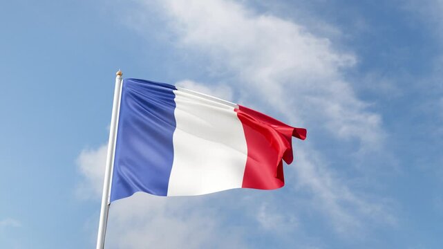 Flag of France on a blue sky, flag on a flag pole waving in the wind, european country, national symbol of France, video of a flag