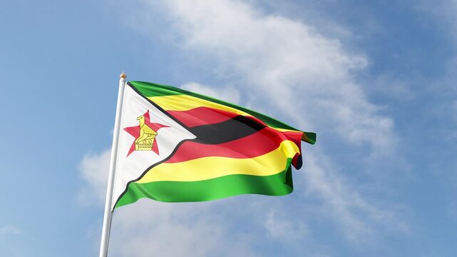Flag of Zimbabwe on a blue sky, flag on a flag pole waving in the wind, african country, national symbol of Zimbabwe, video of a flag