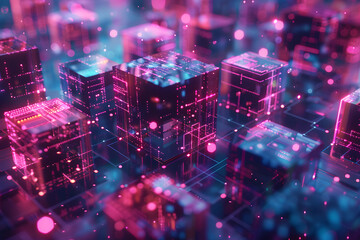 Obraz premium abstract geometric pink and blue neon background. many futuristic cubes in space. 3D illustration