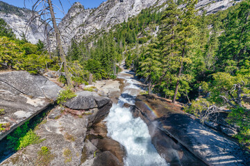 Vernal Falls, Yosemite National Park, the Misty Trail is a slippery, one-mile trail that winds through the spray of the falls.