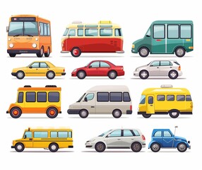 Colorful Illustration of Various Vehicles Including Buses, Cars, and Vans
