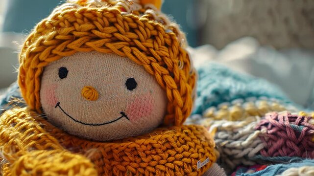 Smiling knitted doll with warm scarf, set against colorful background, emphasizing theme of happiness and handmade craft.
