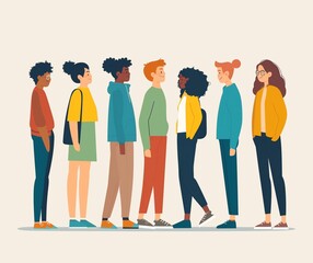 Fototapeta premium Diverse Group of People Standing in Line - Modern Flat Illustration of Young Adults in Casual Clothing..