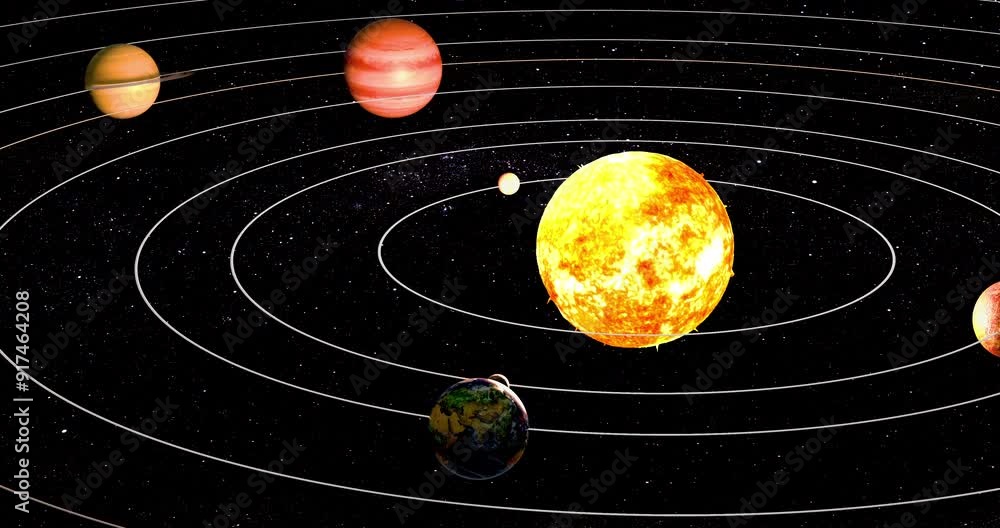 Poster planets in solar system rotation with orbits around sun, 3d animation
