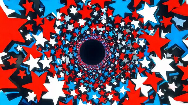 A spiral of stars with a red, white, and blue background. The stars are in various sizes and are scattered throughout the  . Scene is one of excitement and wonder