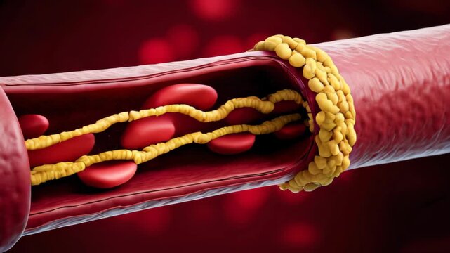 blood clot clogs vessel affected by cholesterol plaque cross section view. cross-section of clogged artery. artery is partially blocked by yellow plaque deposits, with red blood cells visible inside