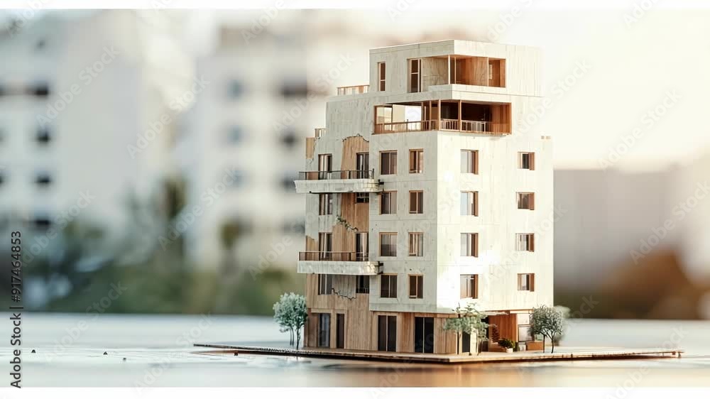 Poster three-dimensional rendering of multi-story residential building made entirely of wood. showcases inn