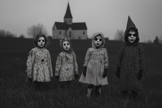Black and white horror photo of four creepy kids wearing vintage clown halloween costumes and masks in a misty field with church in the background.