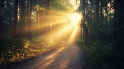 Obraz premium Sunlight Streams Through Trees Along a Forest Path in Morning Light