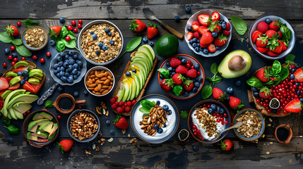 healthy food table top view featuring avocado toast, fresh fruits like strawberries and blueberries, bowls of yogurt with granola and nuts, directly above view, all arranged on a rustic wooden table.