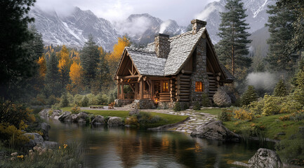 Fototapeta premium Single-Story Chalet with a Gambrel Roof in Log Construction: Another Perspective