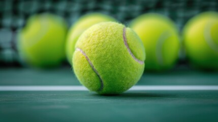Close-Up of Green Tennis Balls on Court Surface With Bokeh Background