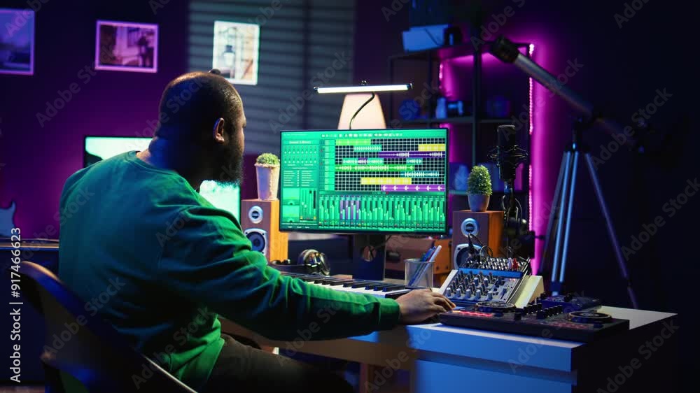 Poster Audio composer playing piano electronic keyboard to create a new track, adjusting volume levels on old recordings. Music producer recording sounds, plays tunes on midi controller. Camera B.