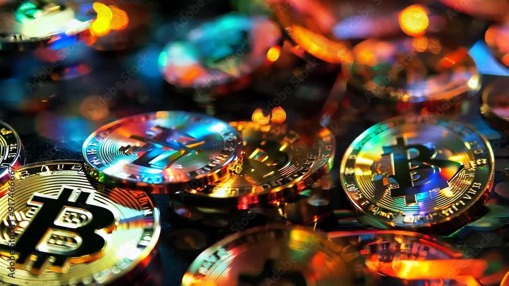 Poster close-up of multiple bitcoin coins scattered on a surface with a shallow depth of field.