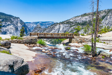 Aerial view of Nevada Fall waterfall on Merced River from Mist trail in Yosemite National Park....