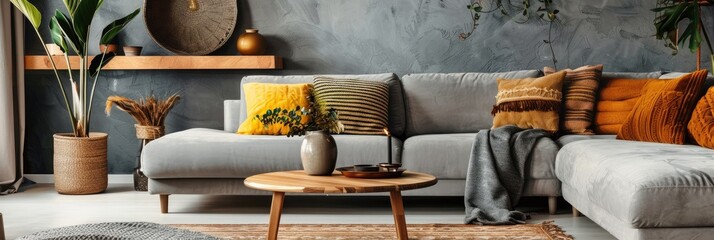 Bohemian Chic Living Room Interior with Design Coffee Table Gray Sofa and Decorative Accents
