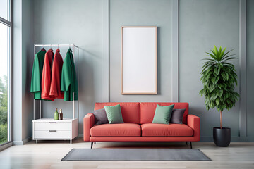 Mockup with empty frame to advertise your painting or poster against gray wall in modern minimalist apartment interior in pink green pastel colors