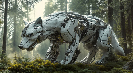 Futuristic Alpha Predator Styled Modern Robot Wolf in Silver Finish