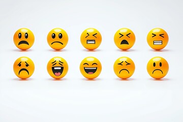 Naklejka premium Set of Yellow Angry Unhappy Smiley Faces Emoji Emoticons Generative Illustration on Blank White