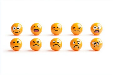 Naklejka premium Set of Yellow Angry Unhappy Smiley Faces Emoji Emoticons Generative Illustration on Blank White