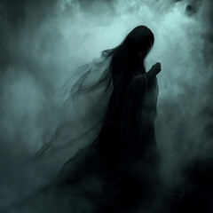 ghostly figure in misty darkness